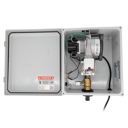 Mechanical pump system in a metal enclosure with visible branding on a white background