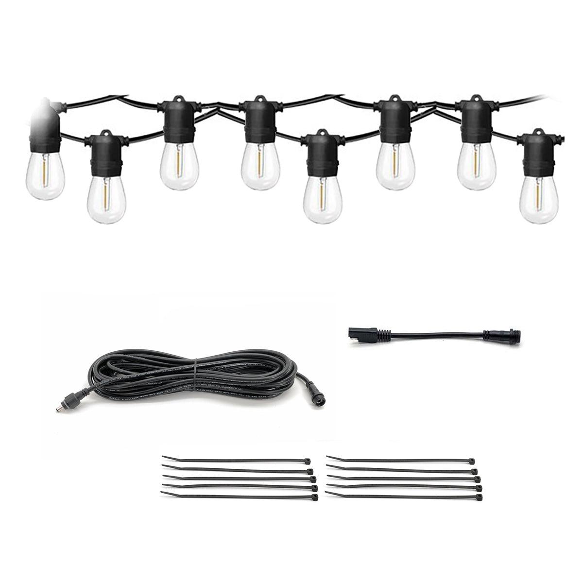 String lights with bulbs, cable, and connectors on a white background