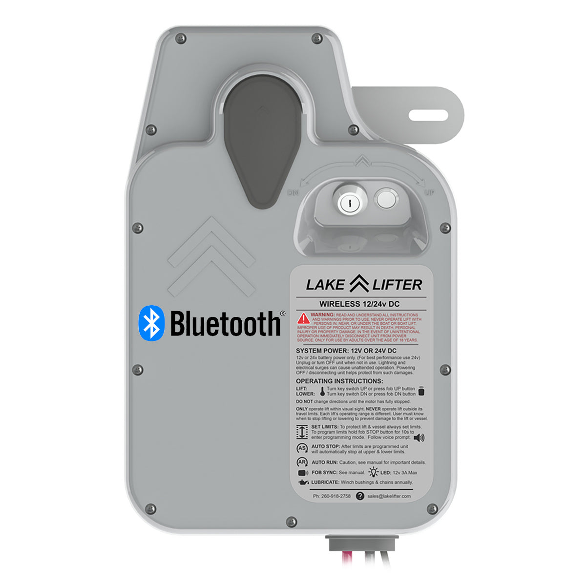 Lake Lifter electronic control unit with Bluetooth logo on a white background