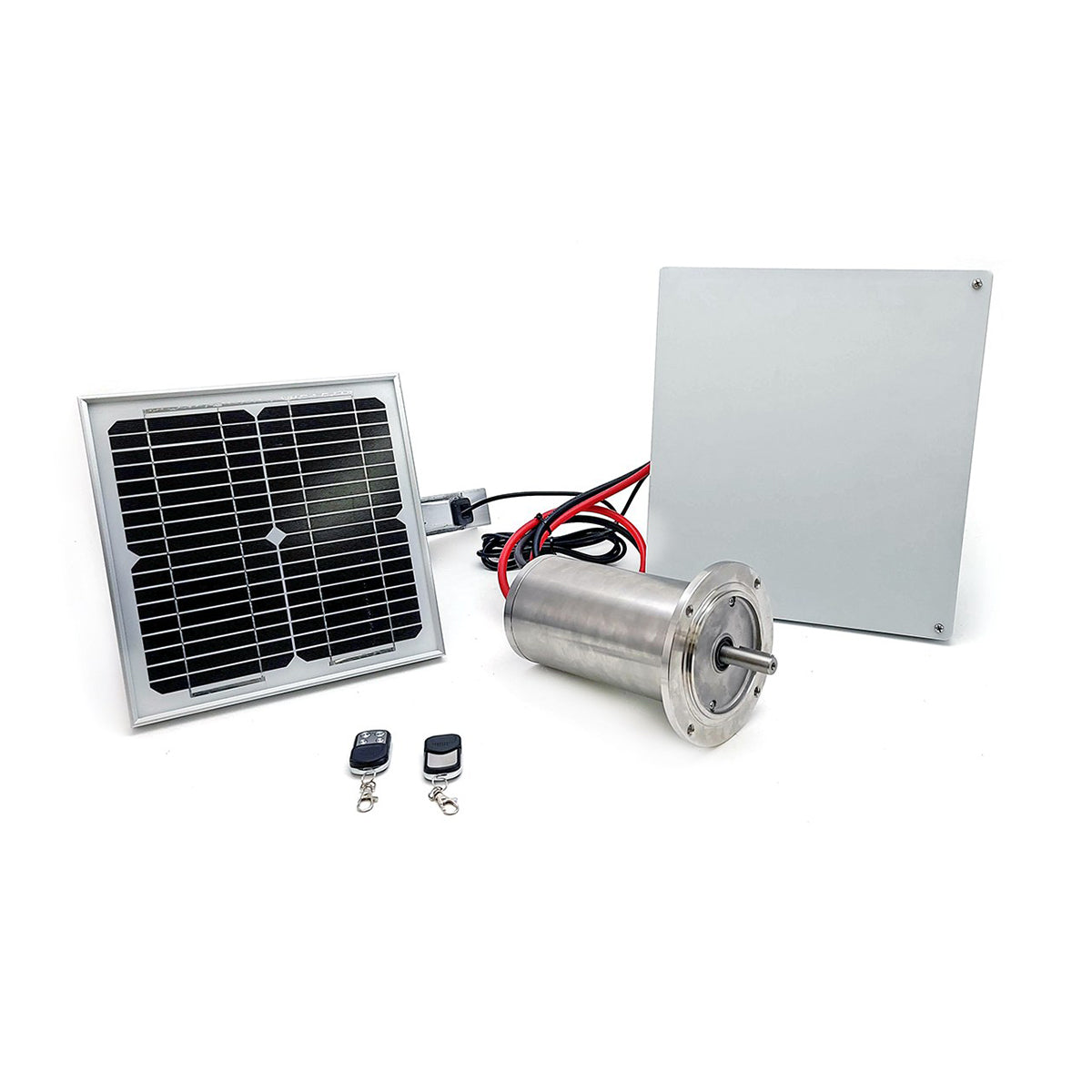 Solar panel, motor, and remote controls on a white background