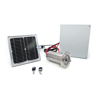 Solar panel, motor, and remote controls on a white background