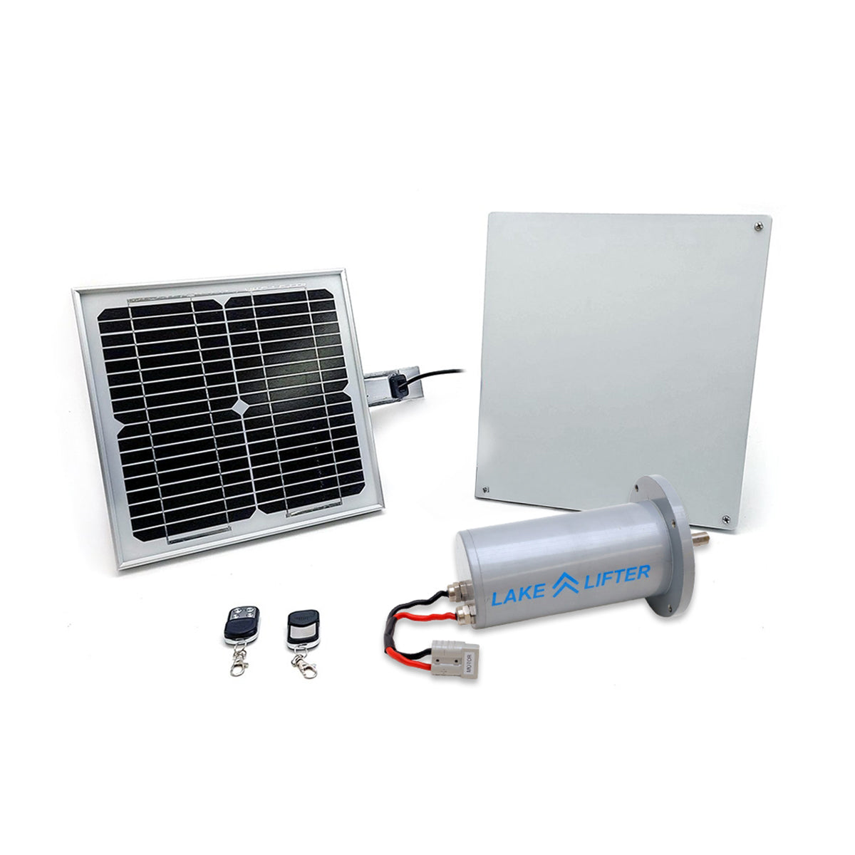 Solar panel, battery, and remote controls on a white background