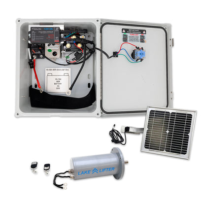 Electrical panel with wiring, solar panel, and 'Lake Lifter' device on a white background