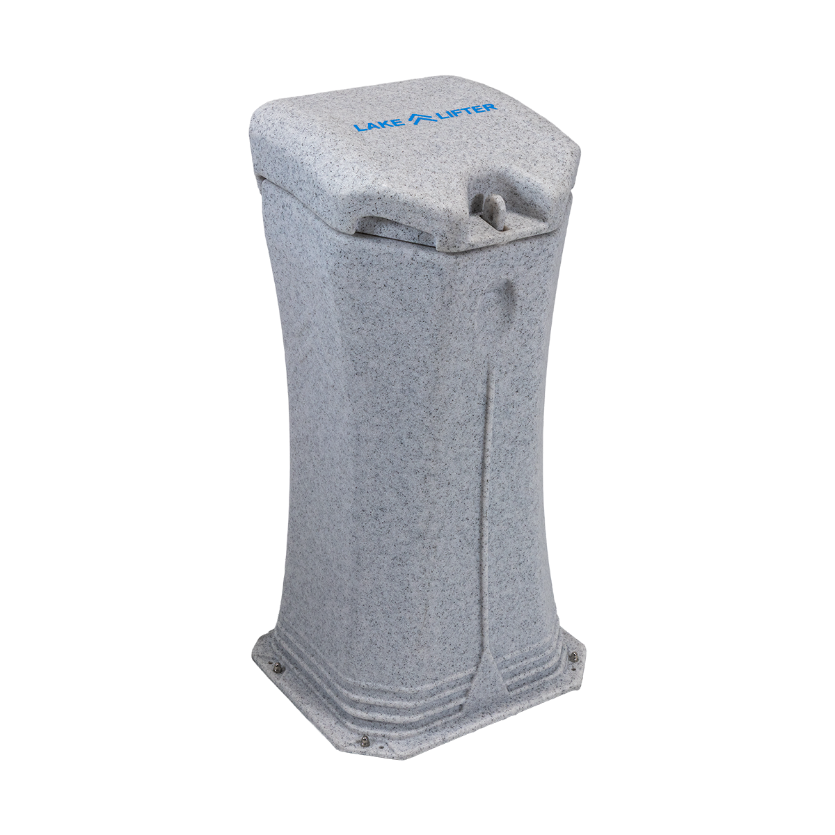 Gray pedestal control station with 'Lake Lifter' branding on a white background