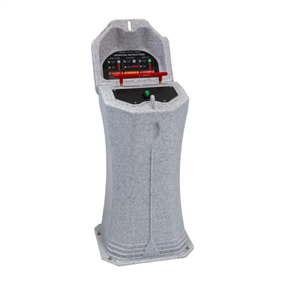 Gray blower motor pedestal with control panel on a white background