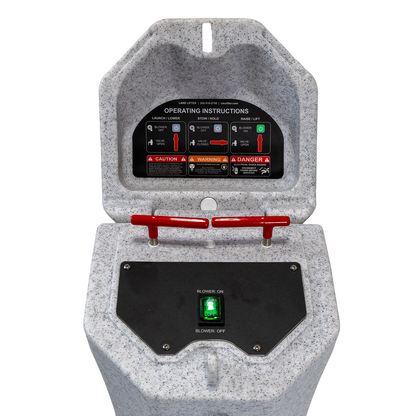 Gray blower motor pedestal with control panel on a white background