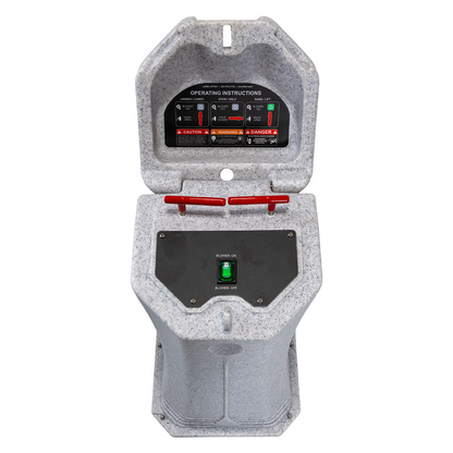 Gray blower motor pedestal with control panel on a white background