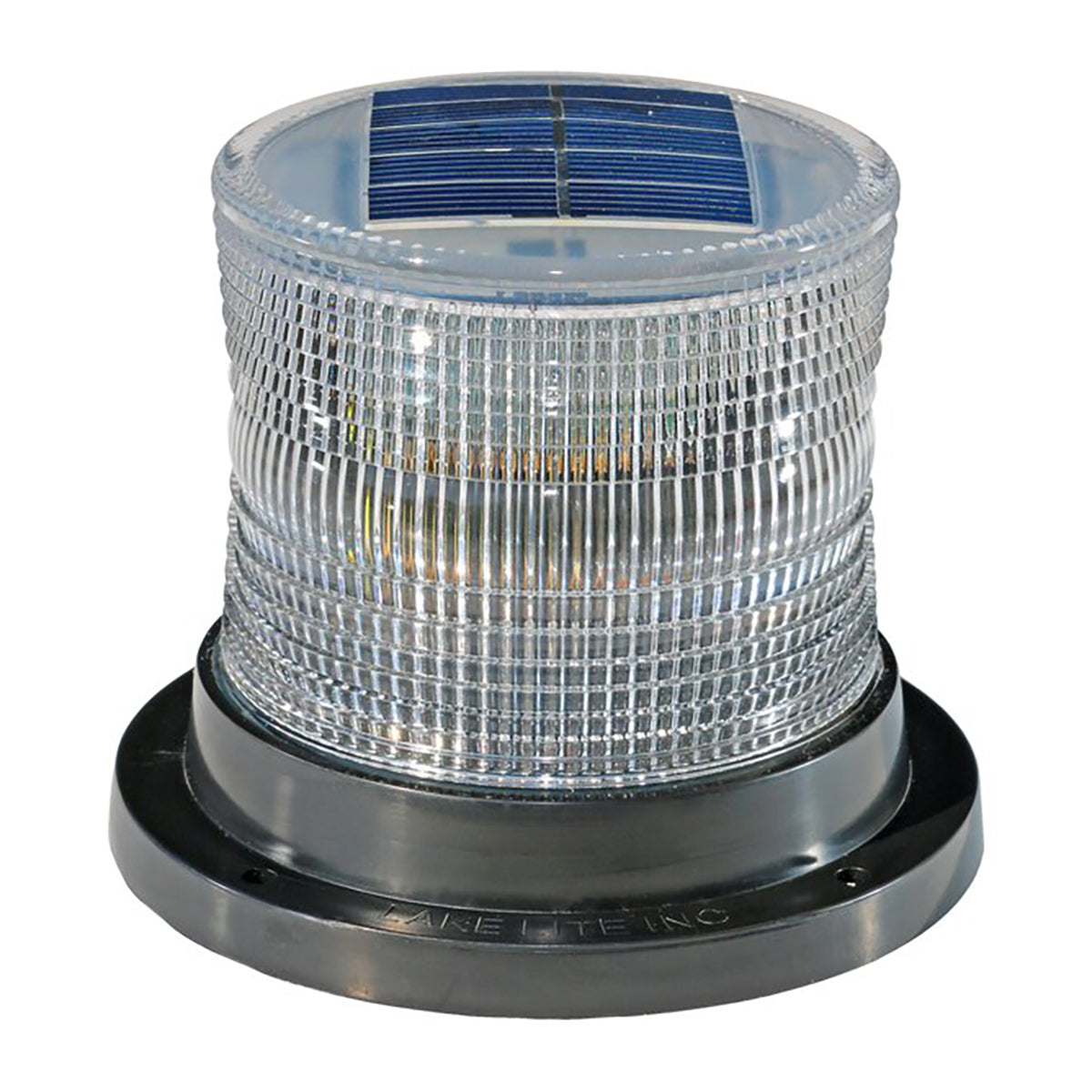 Solar-powered LED light with clear casing and visible brand name on a white background