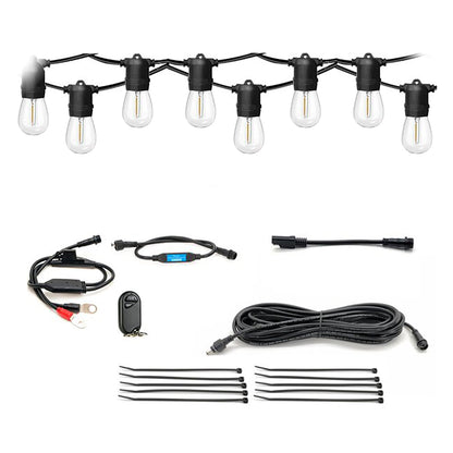 Outdoor string light kit with bulbs, connectors, and control cable on a white background