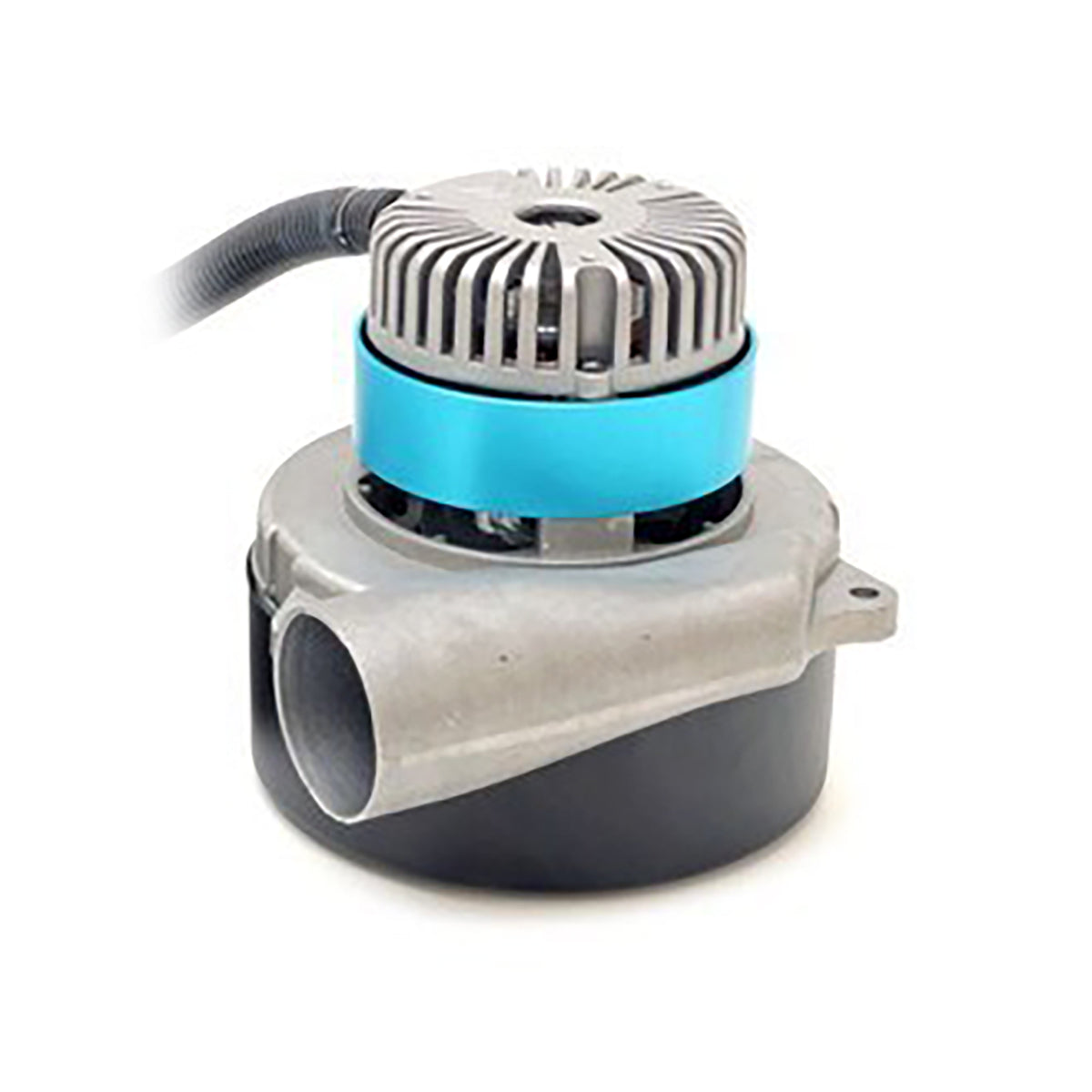 DC boat lift blower motor with blue housing and hose, angled view