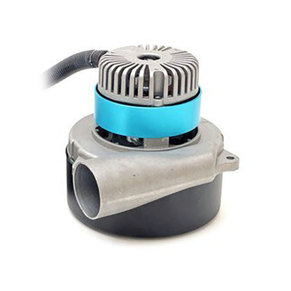 DC boat lift blower motor with blue housing and hose, angled view