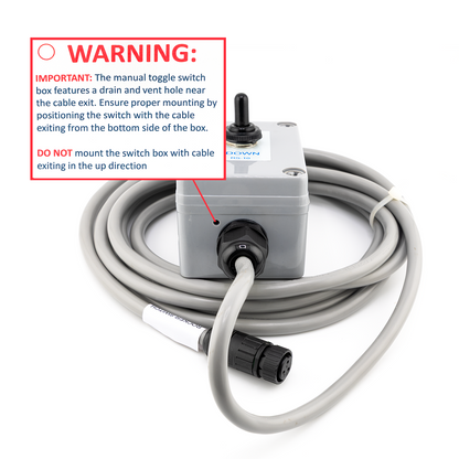 Toggle switch box with cable and warning label on a white background