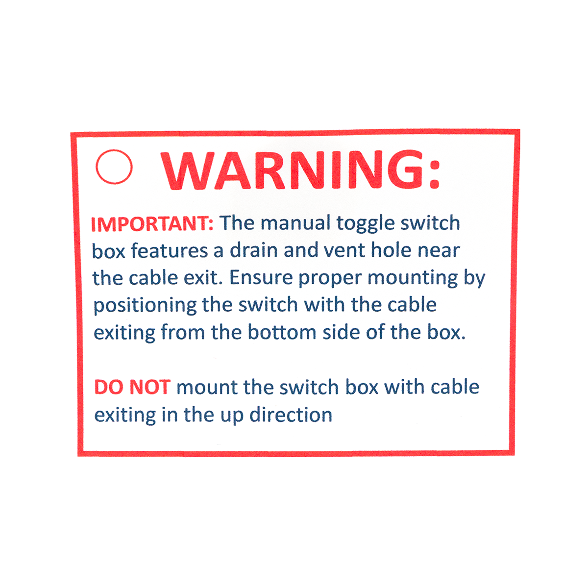Warning label about manual toggle switch box with text instructions on a white background