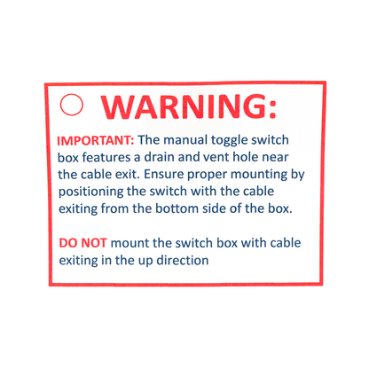 Warning label about manual toggle switch box with text instructions on a white background