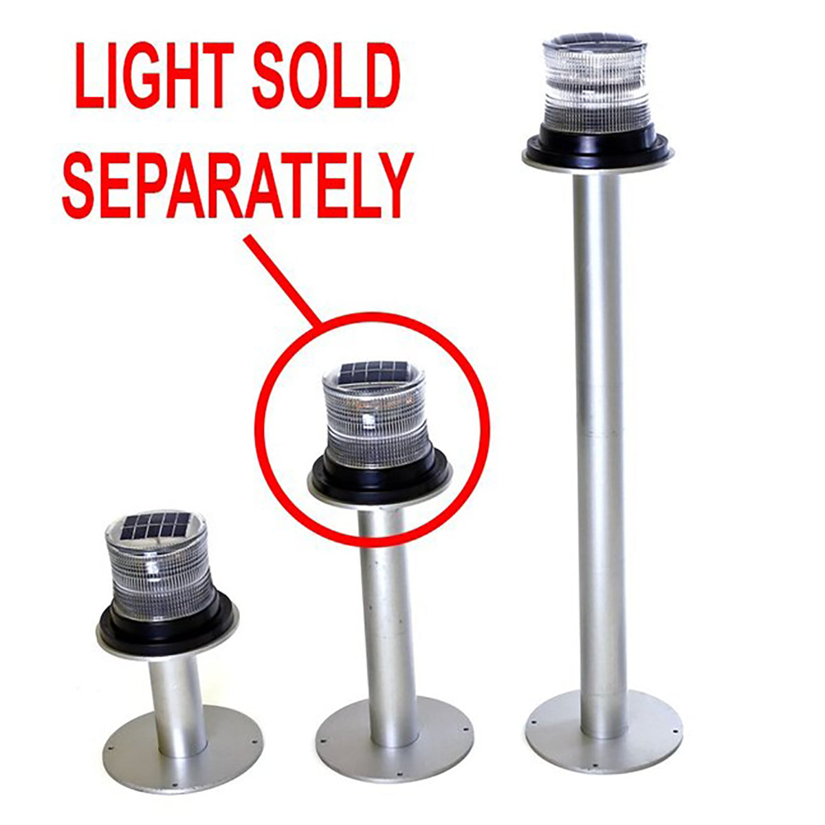 Two metallic light stands with solar panels, one circled, on a white background with 'Light Sold Separately' text.