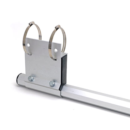 Metal bracket with two circular hooks on a white background